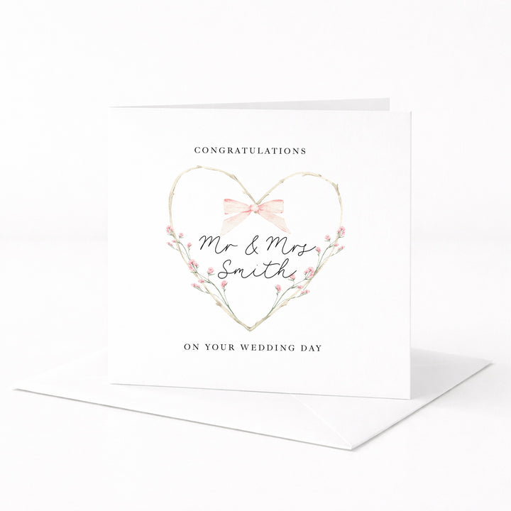 Personalised Pink Floral Heart Mr &amp; Mrs Wedding Card