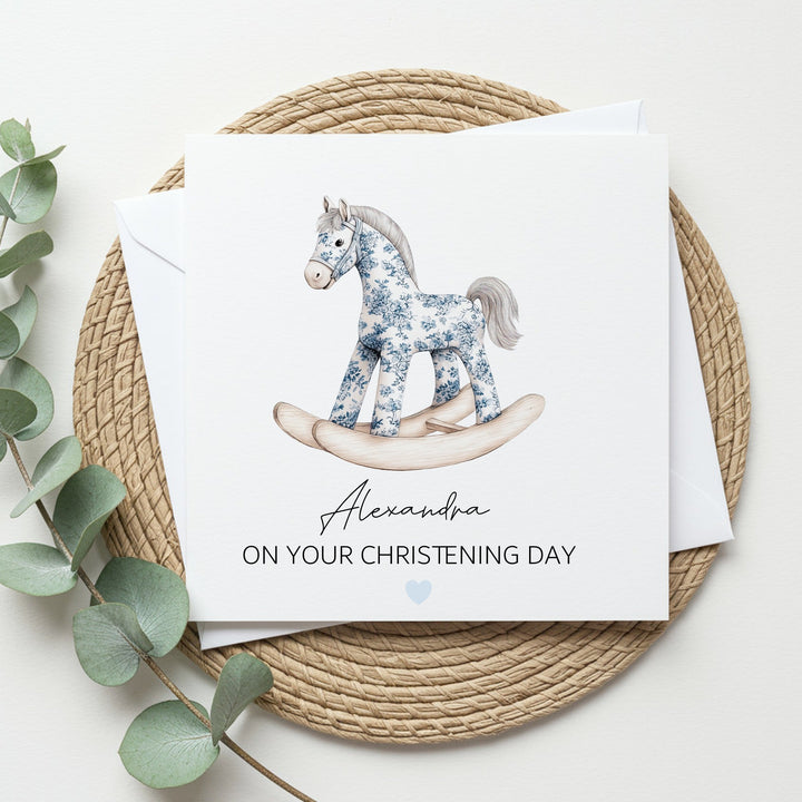 Personalised Blue Rocking Horse On Your Christening Day Card