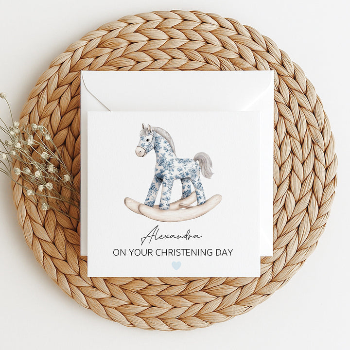 Personalised Blue Rocking Horse On Your Christening Day Card