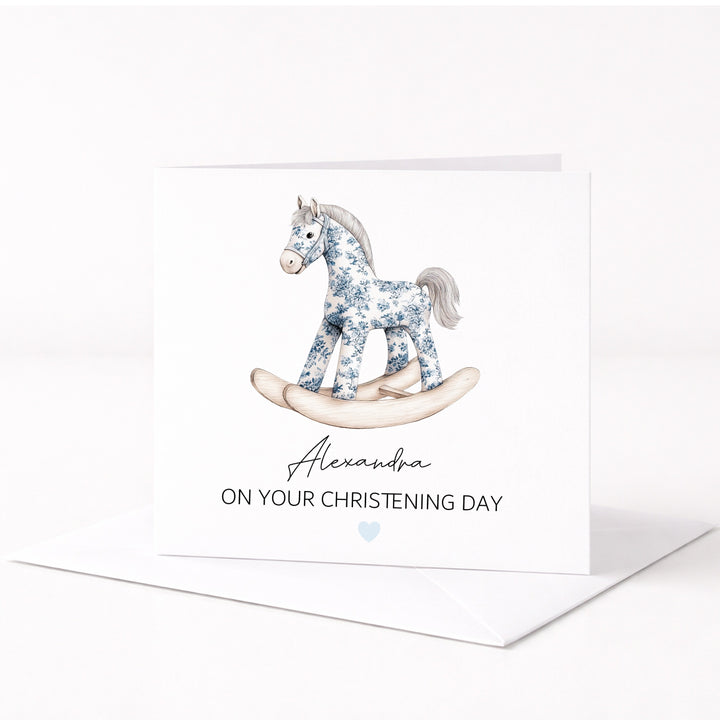 Personalised Blue Rocking Horse On Your Christening Day Card