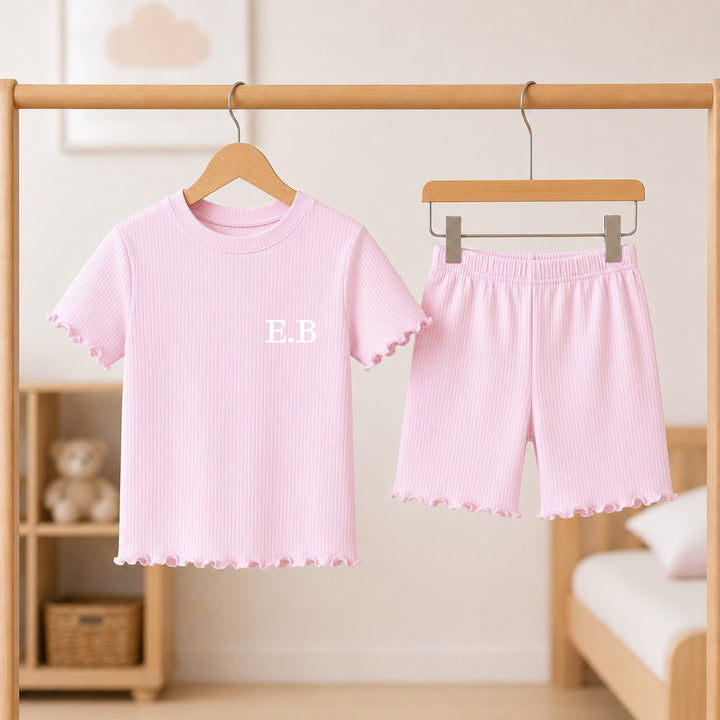 Personalised Initial Girls Frilly Ribbed Shorts Set