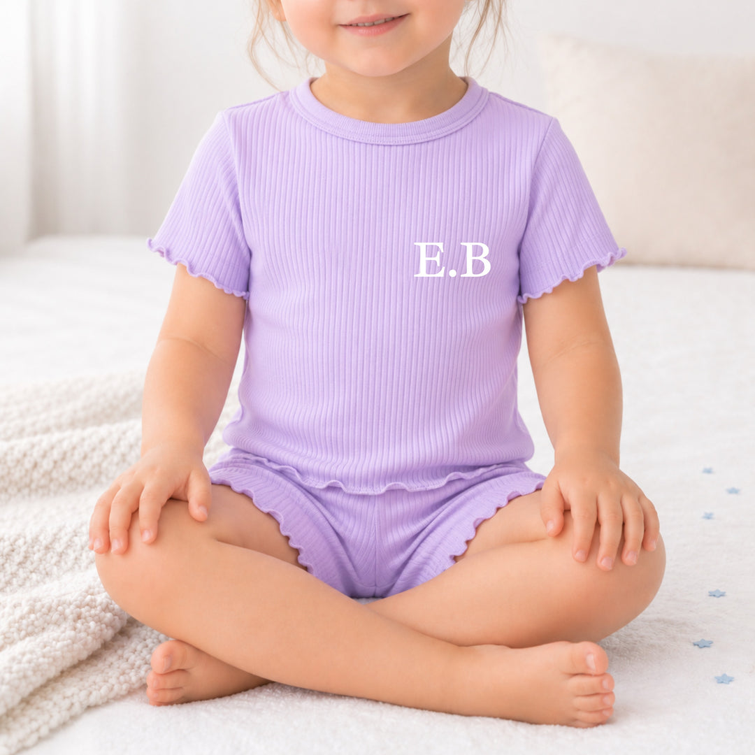Personalised Initial Girls Frilly Ribbed Shorts Set