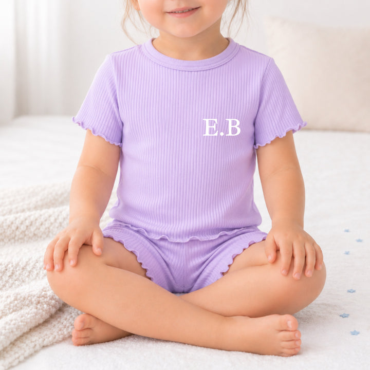 Personalised Initial Girls Frilly Ribbed Shorts Set