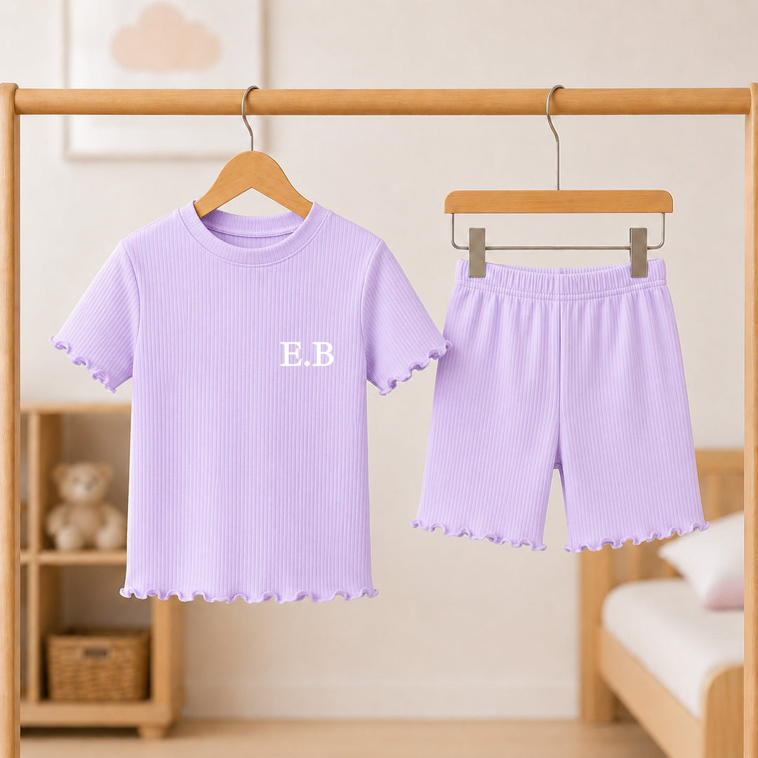 Personalised Initial Girls Frilly Ribbed Shorts Set
