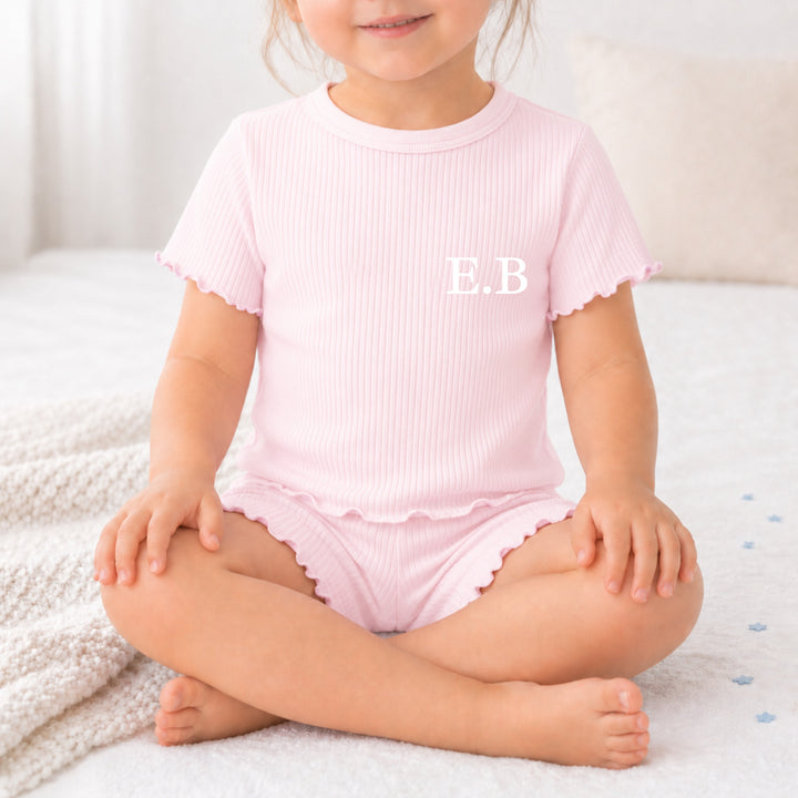 Personalised Initial Girls Frilly Ribbed Shorts Set