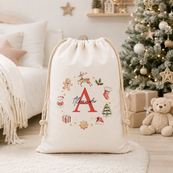 Personalised Gingerbread Name Christmas Canvas Santa Sack