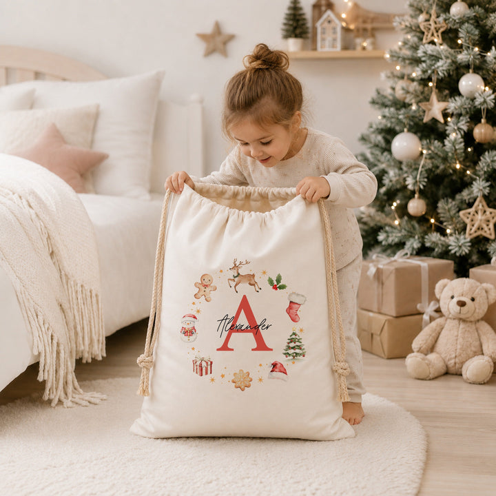Personalised Gingerbread Name Christmas Canvas Santa Sack