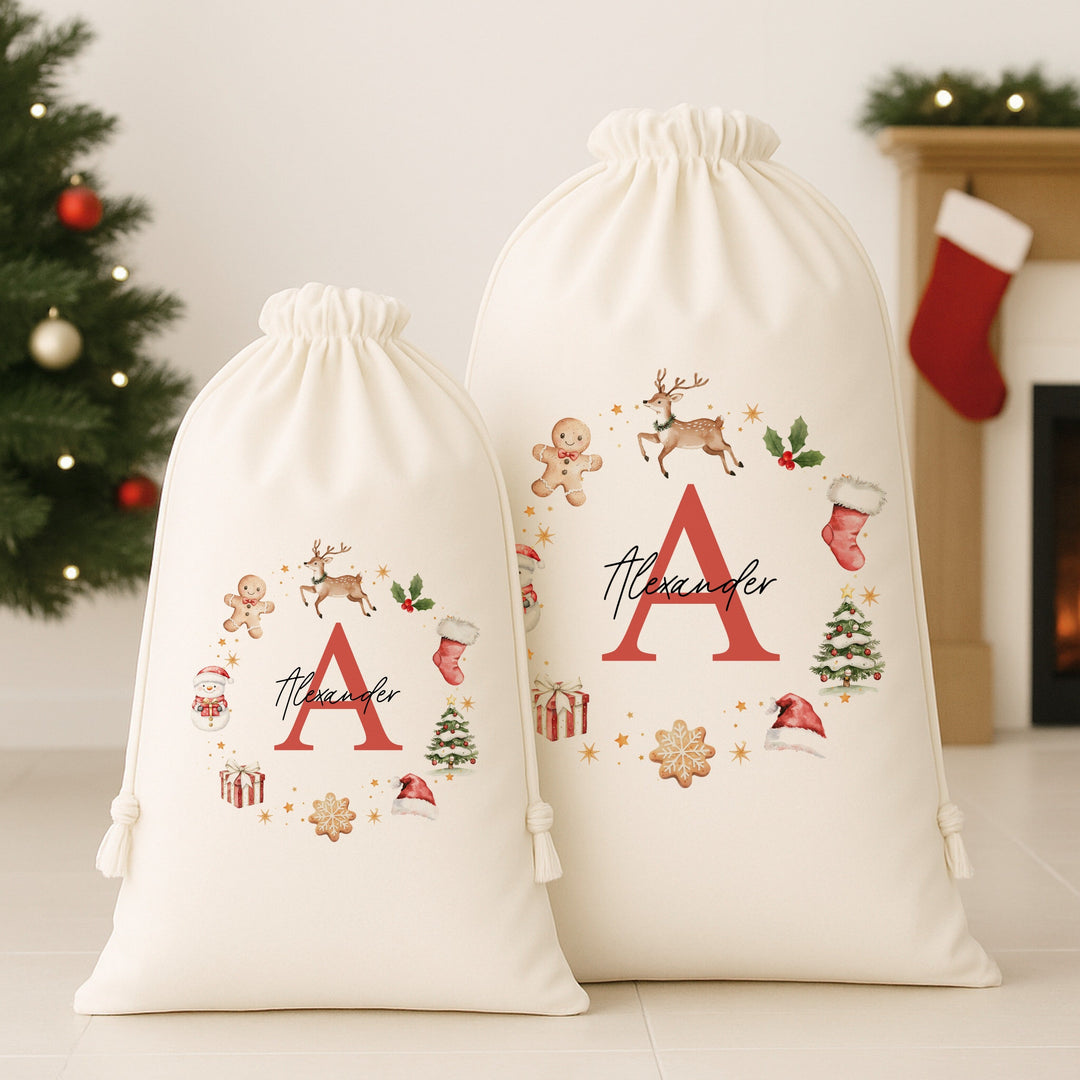 Personalised Gingerbread Name Christmas Canvas Santa Sack