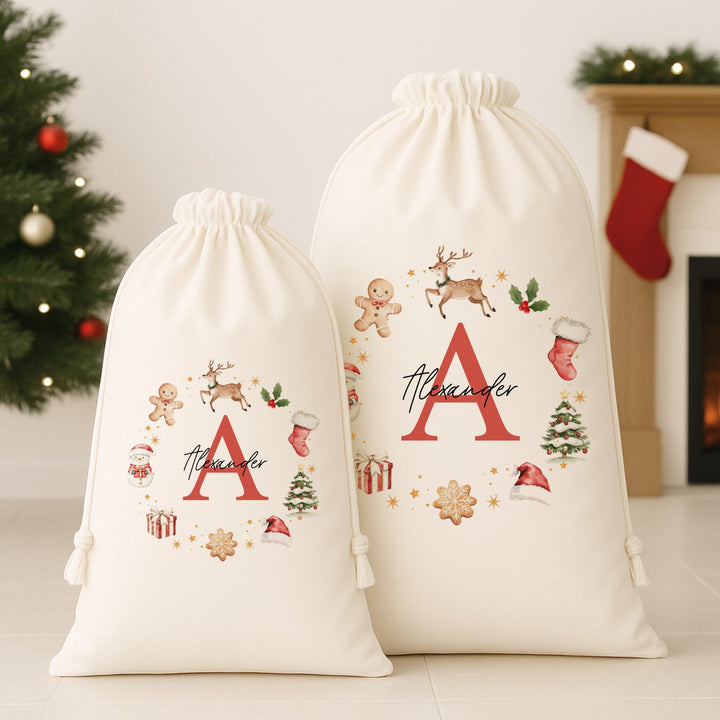 Personalised Gingerbread Name Christmas Canvas Santa Sack
