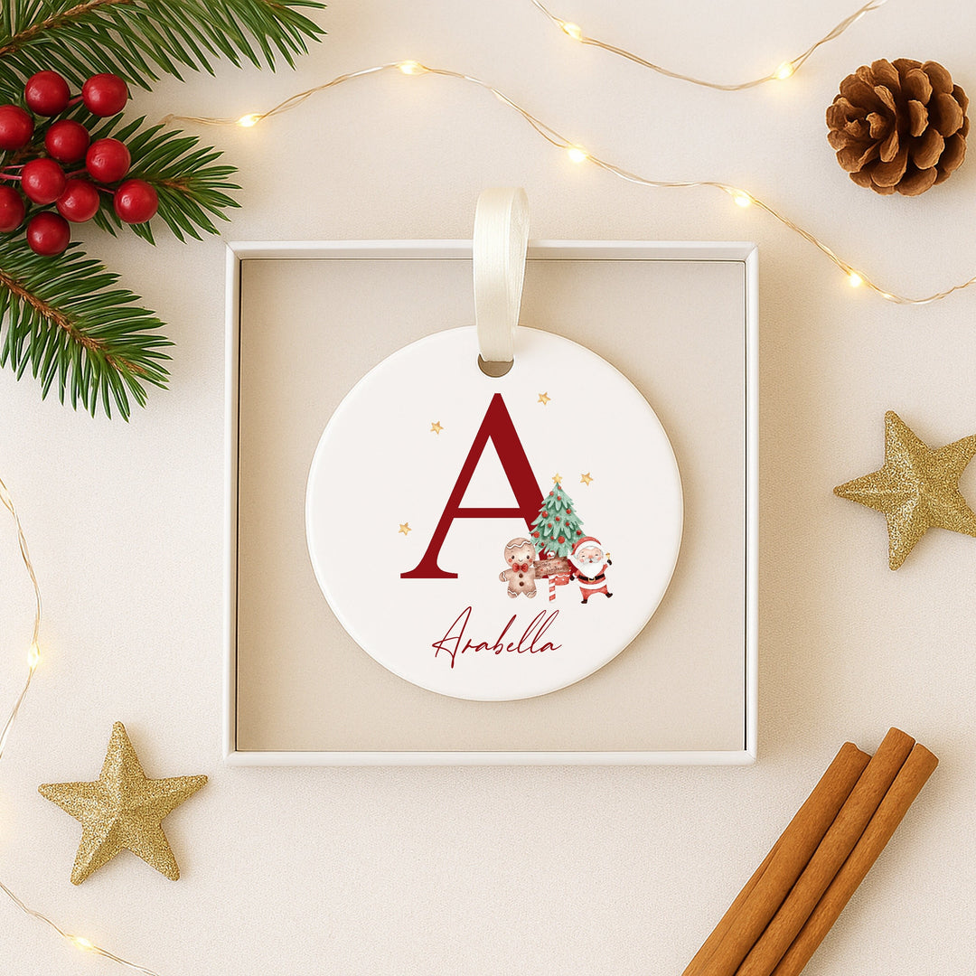 Personalised Red Santa Initial Ceramic Christmas Bauble