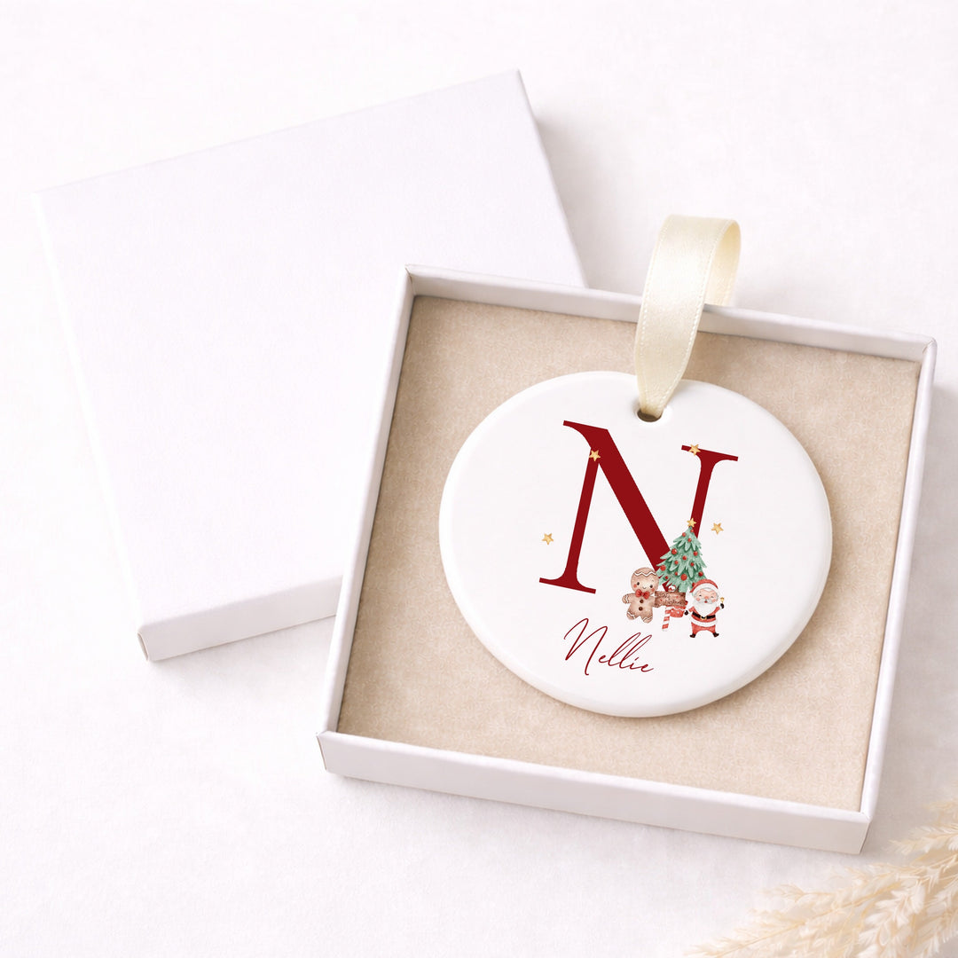 Personalised Red Santa Initial Ceramic Christmas Bauble