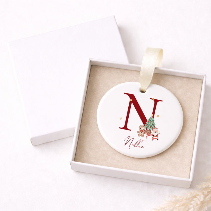 Personalised Red Santa Initial Ceramic Christmas Bauble