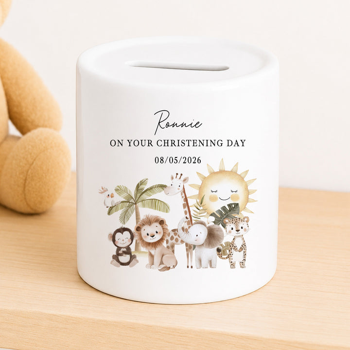 Personalised Money Box Jungle Scene Christening Gift