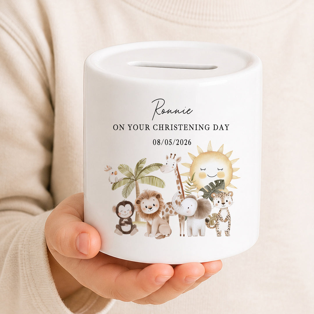 Personalised Money Box Jungle Scene Christening Gift