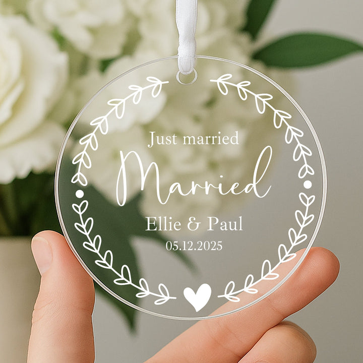 Personalised Acrylic Just Married Wedding Day Gift Ornament
