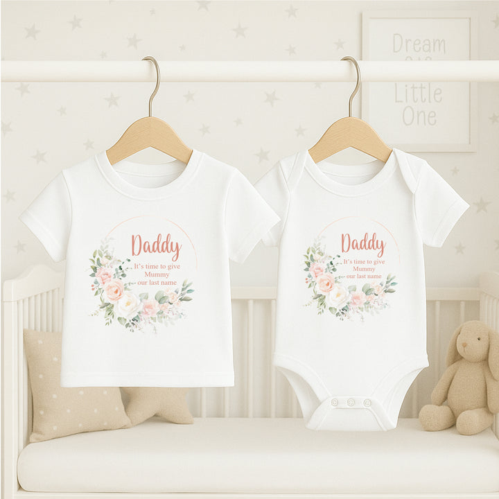Floral Wreath Time To Give Mummy Our Last Name Kids T-Shirt or Baby Vest