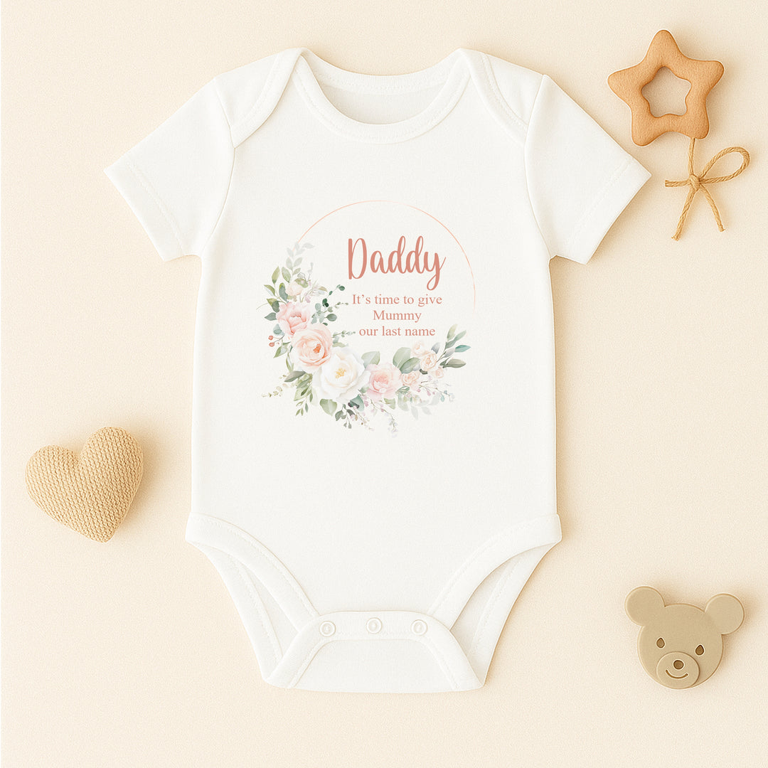 Floral Wreath Time To Give Mummy Our Last Name Kids T-Shirt or Baby Vest