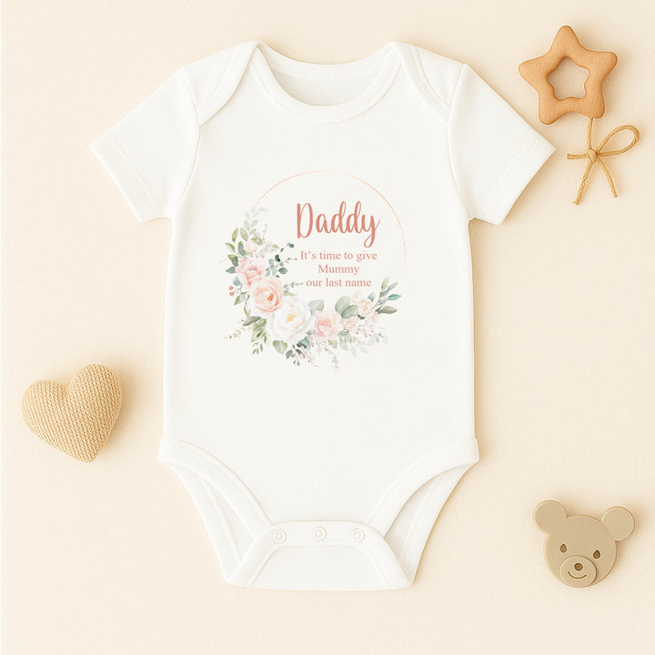 Floral Wreath Time To Give Mummy Our Last Name Kids T-Shirt or Baby Vest