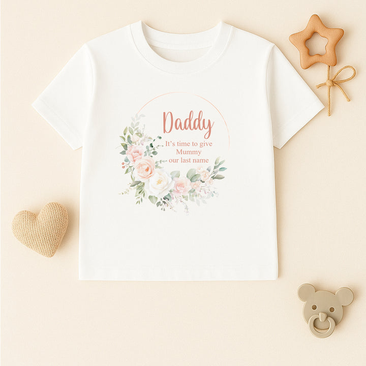 Floral Wreath Time To Give Mummy Our Last Name Kids T-Shirt or Baby Vest