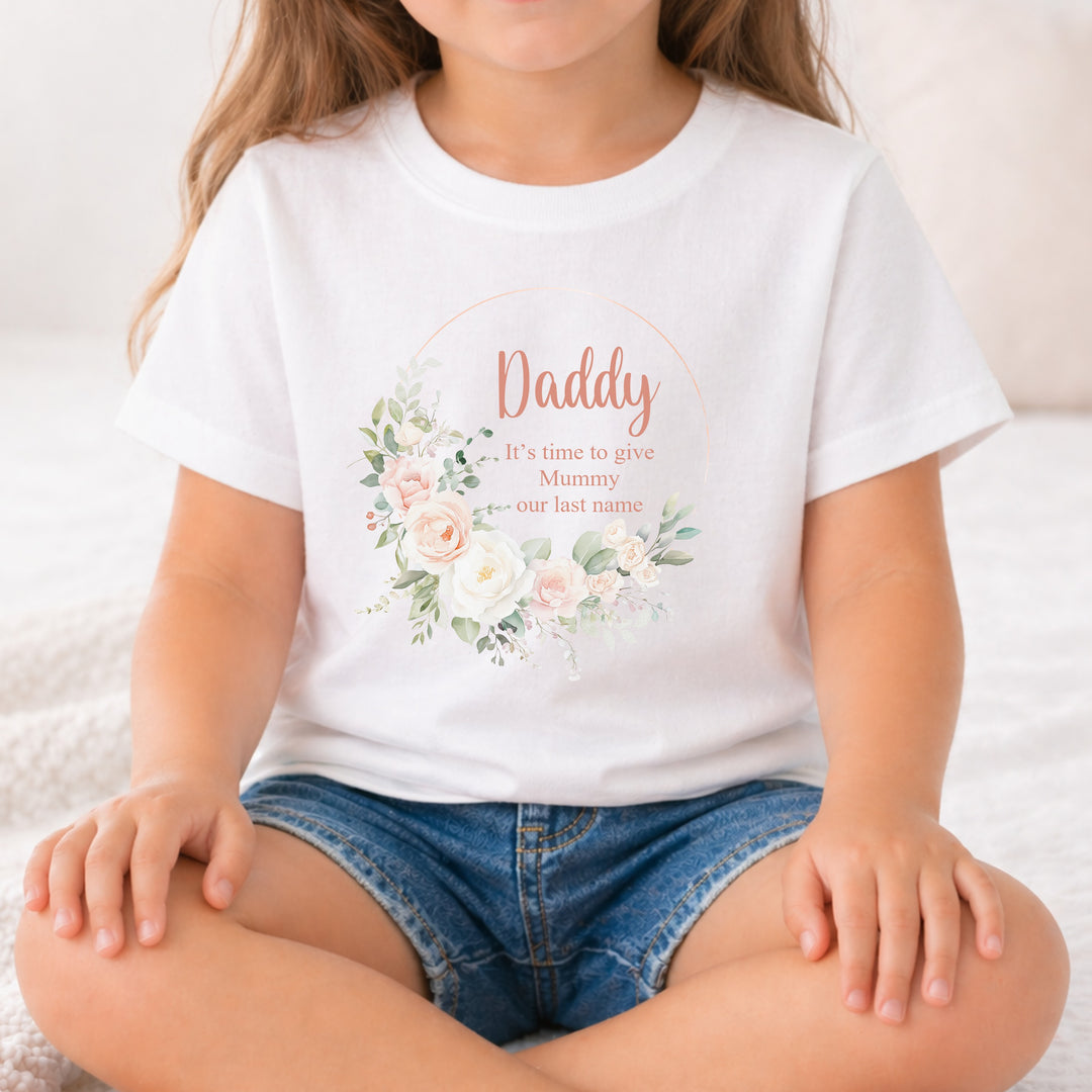 Floral Wreath Time To Give Mummy Our Last Name Kids T-Shirt or Baby Vest
