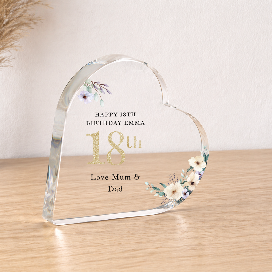 Personalised 18th Birthday Floral Acrylic Heart
