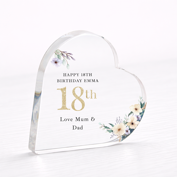 Personalised 18th Birthday Floral Acrylic Heart