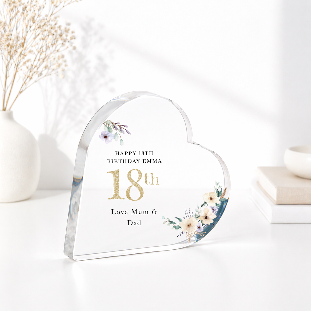 Personalised 18th Birthday Floral Acrylic Heart
