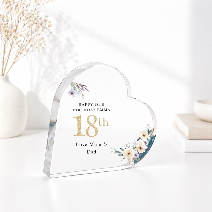 Personalised 18th Birthday Floral Acrylic Heart