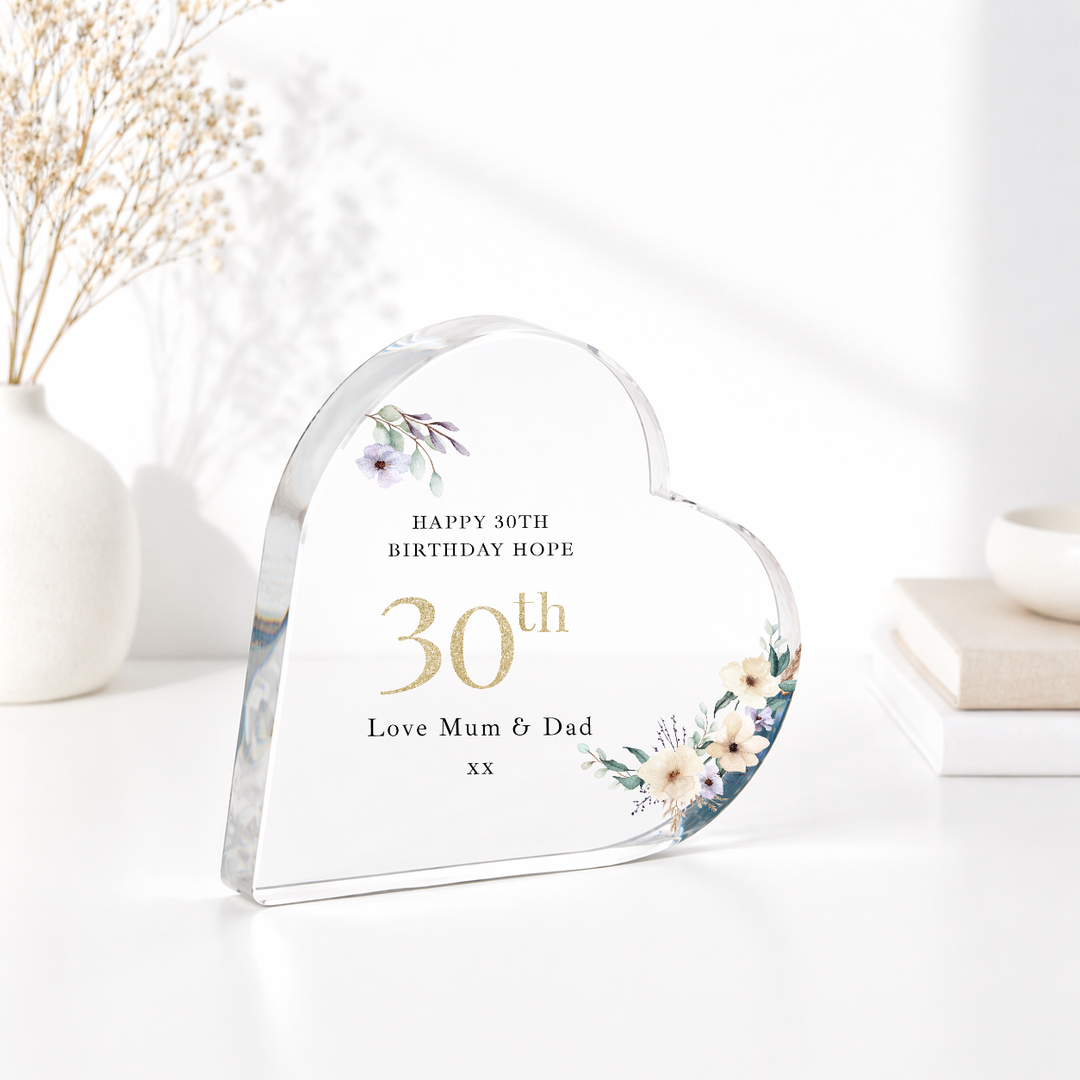 Personalised 30th Birthday Floral Acrylic Heart
