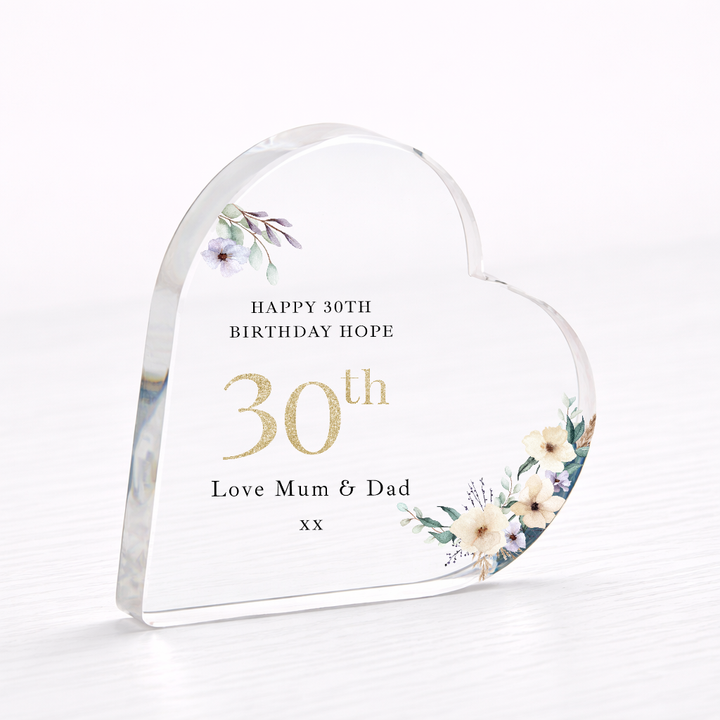 Personalised 30th Birthday Floral Acrylic Heart