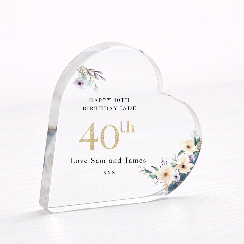 Personalised 40th Birthday Floral Acrylic Heart