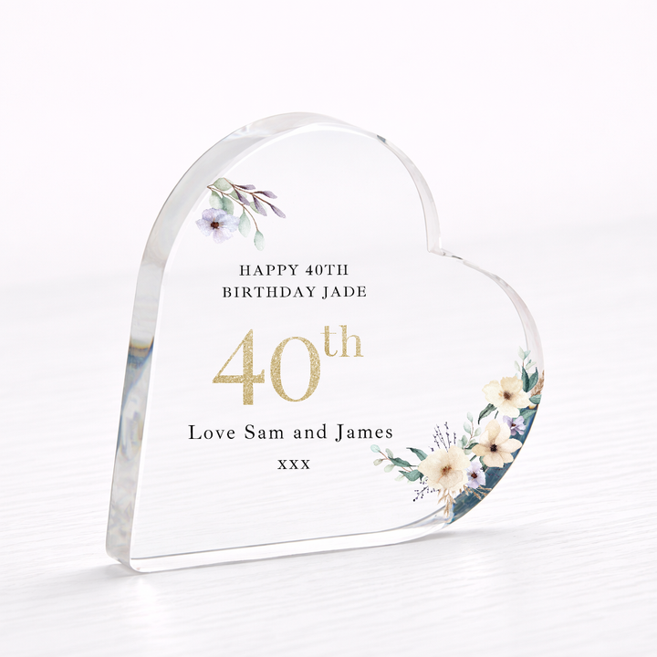 Personalised 40th Birthday Floral Acrylic Heart
