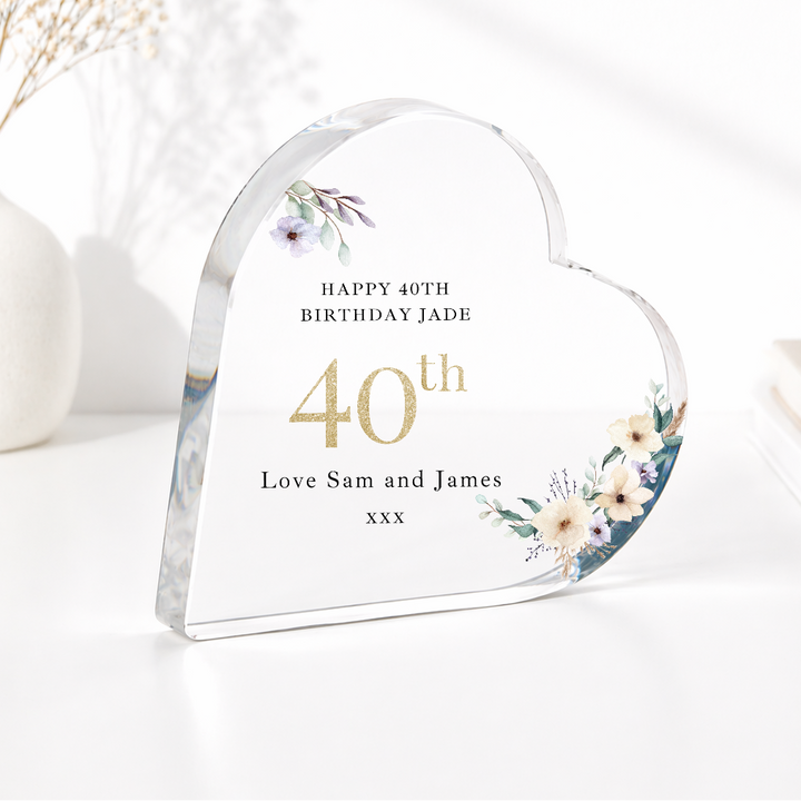 Personalised 40th Birthday Floral Acrylic Heart
