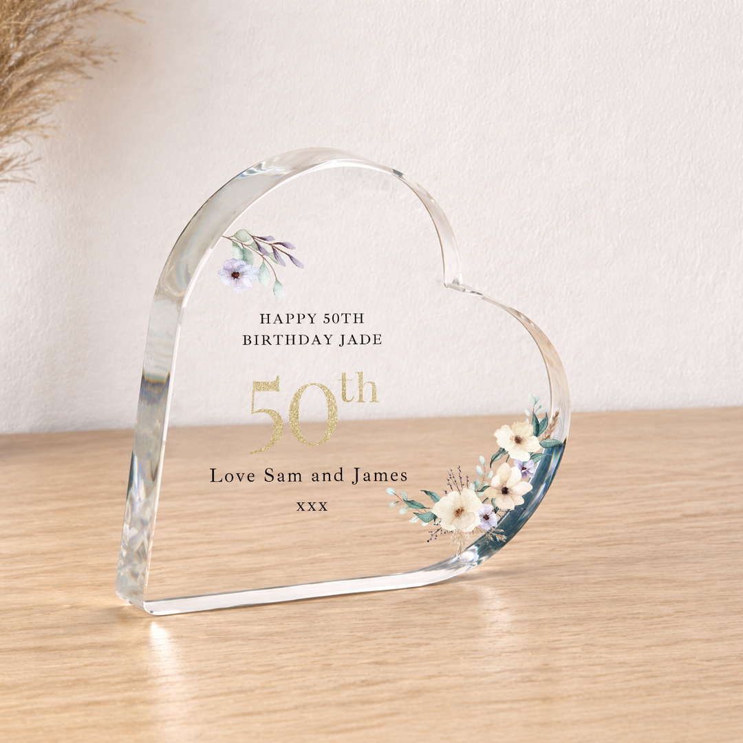 Personalised 50th Birthday Floral Acrylic Heart