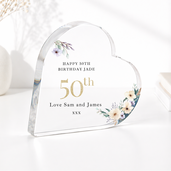 Personalised 50th Birthday Floral Acrylic Heart
