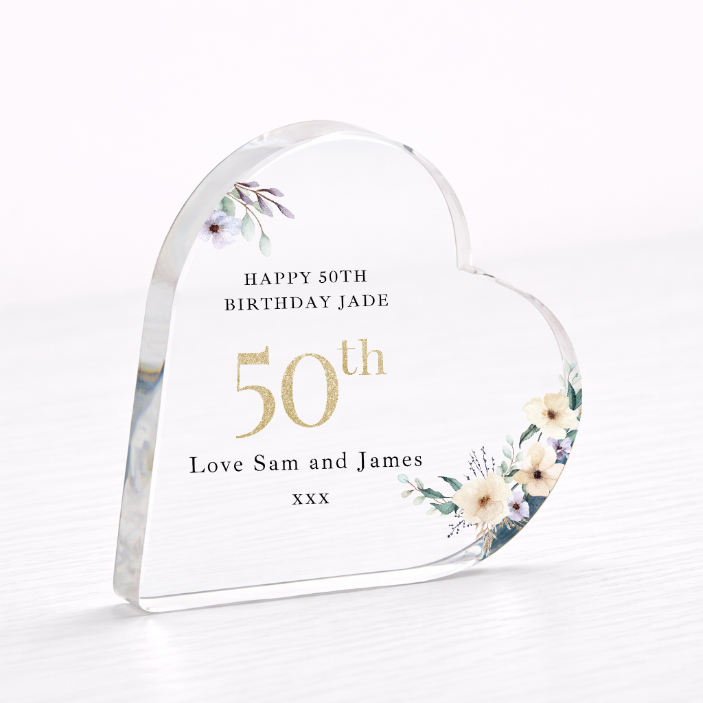 Personalised 50th Birthday Floral Acrylic Heart