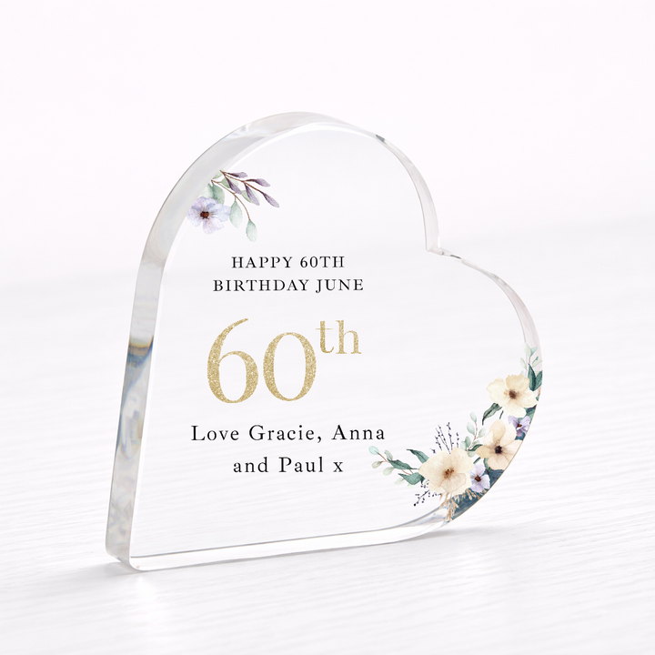 Personalised 60th Birthday Floral Acrylic Heart