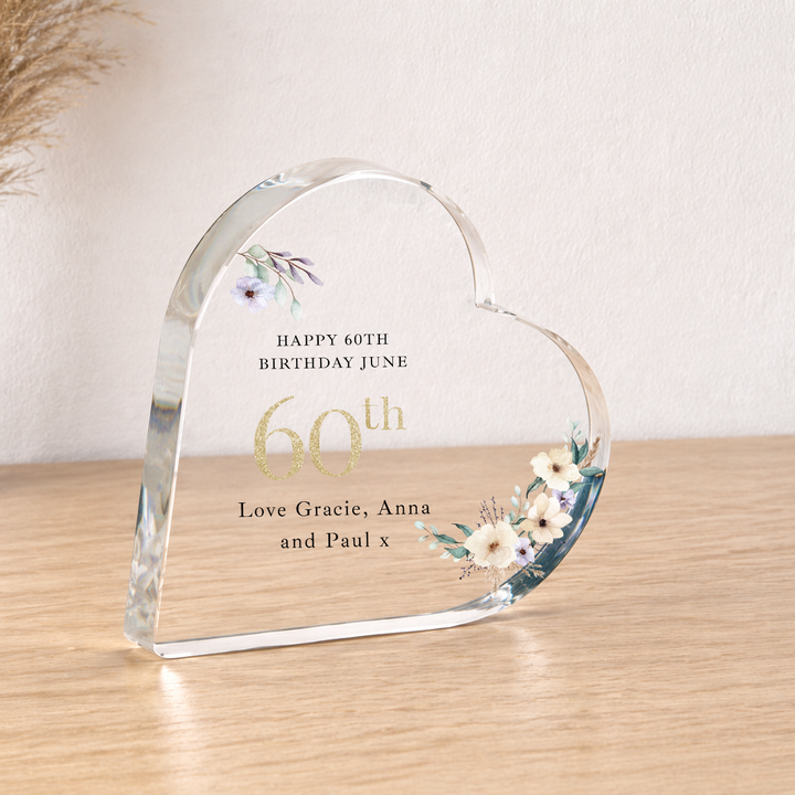 Personalised 60th Birthday Floral Acrylic Heart