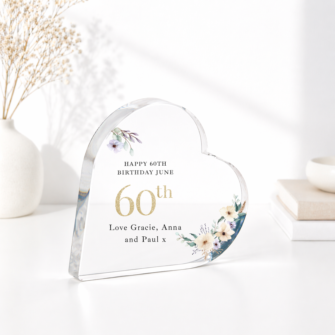 Personalised 60th Birthday Floral Acrylic Heart