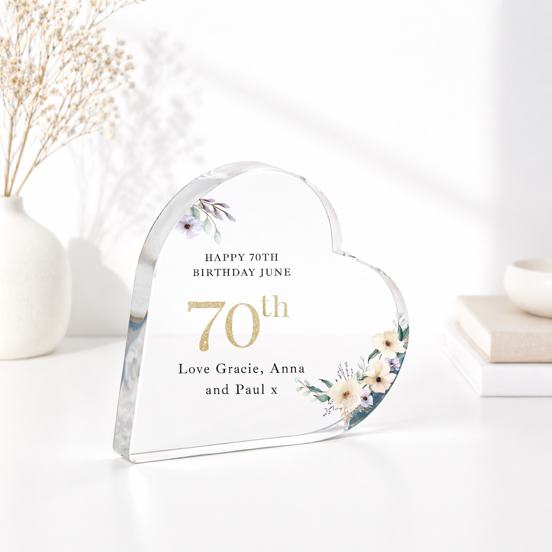 Personalised 70th Birthday Floral Acrylic Heart