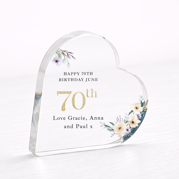 Personalised 70th Birthday Floral Acrylic Heart