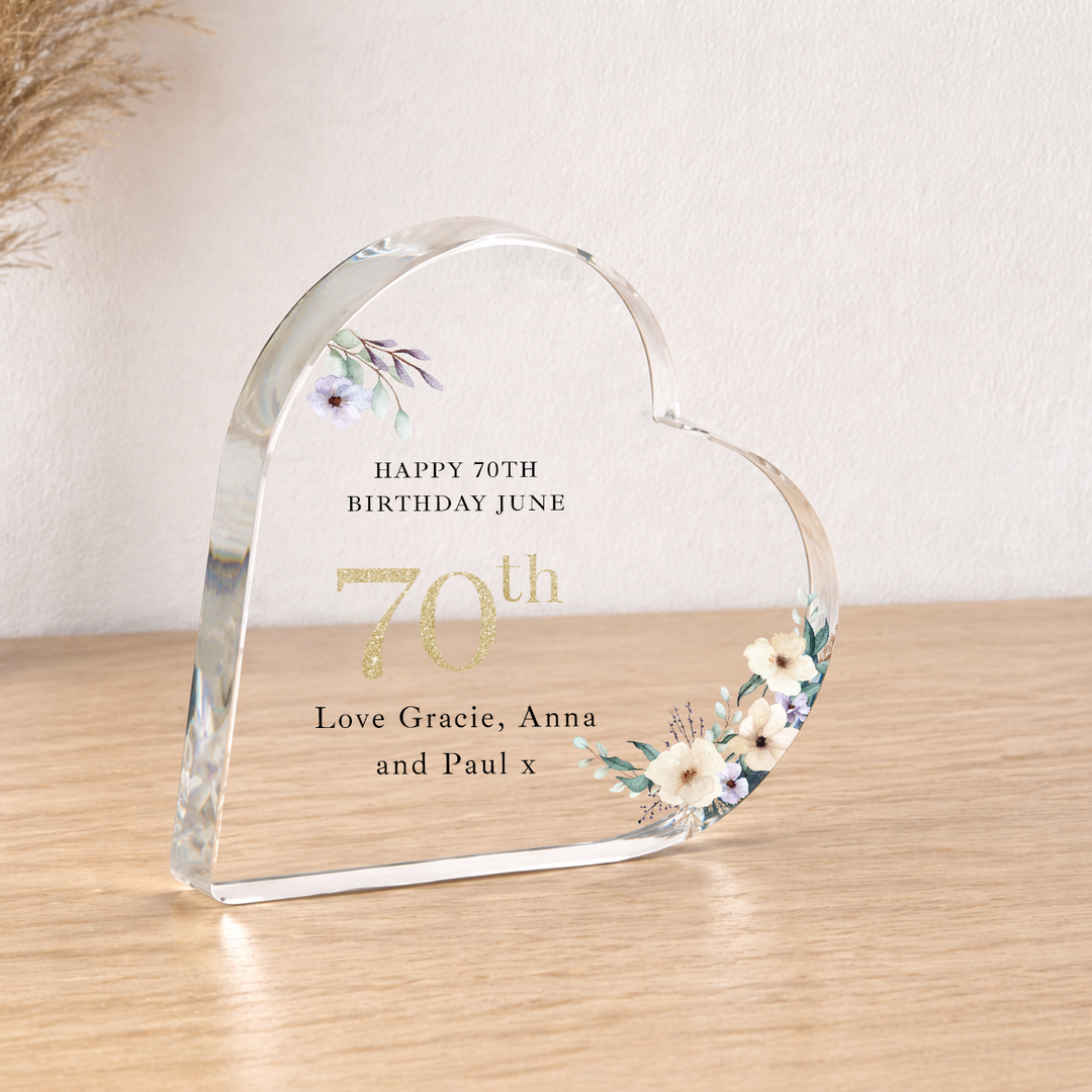 Personalised 70th Birthday Floral Acrylic Heart