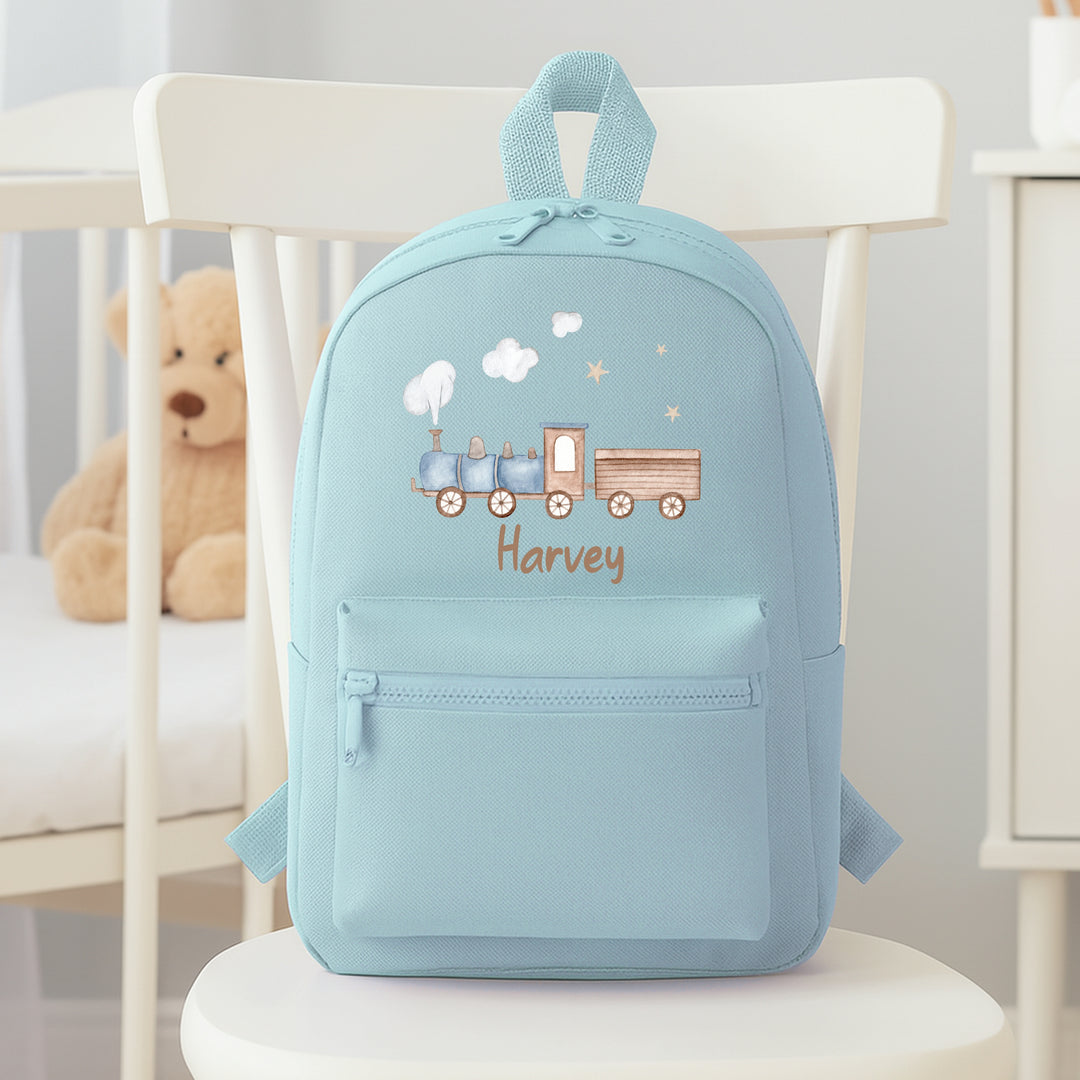 Personalised Blue Train Toddler Backpack