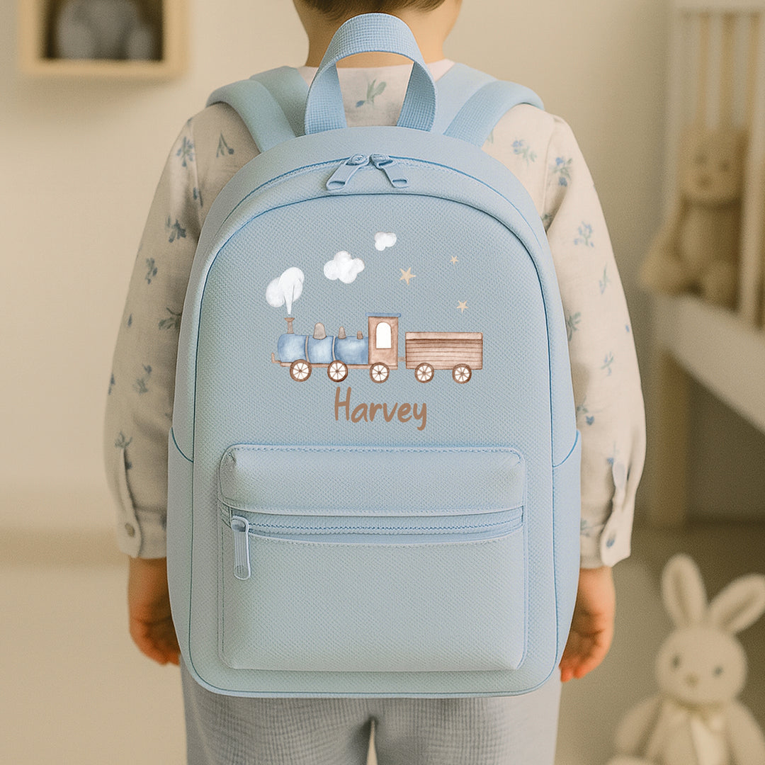 Personalised Blue Train Toddler Backpack
