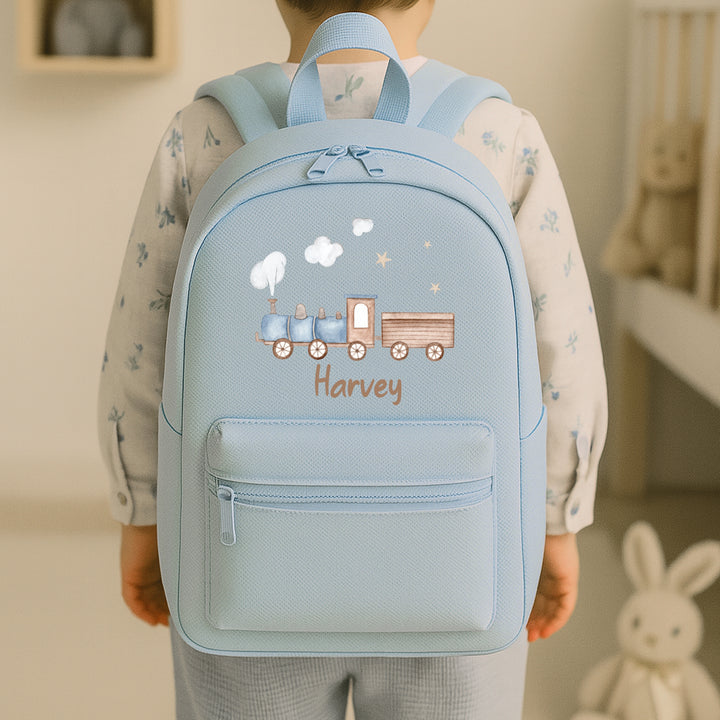 Personalised Blue Train Toddler Backpack