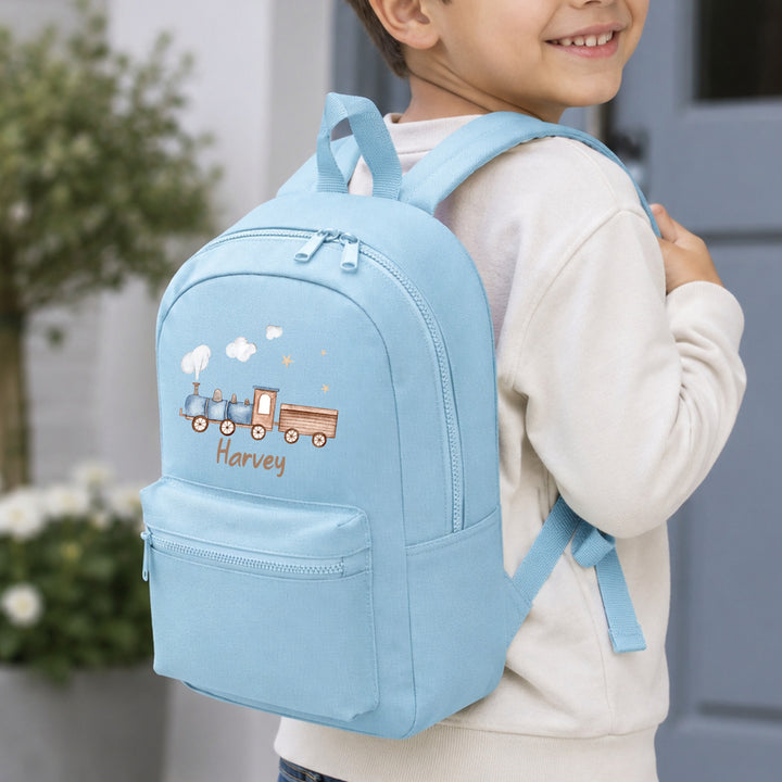 Personalised Blue Train Toddler Backpack