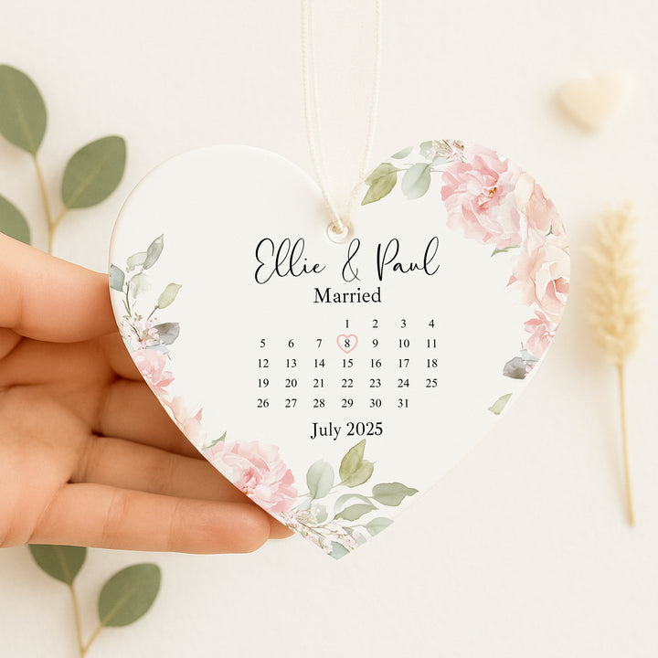Personalised Pink Floral Just Married Wedding Date Gift Ornament