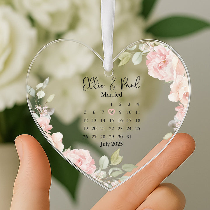 Personalised Pink Floral Just Married Wedding Date Gift Ornament