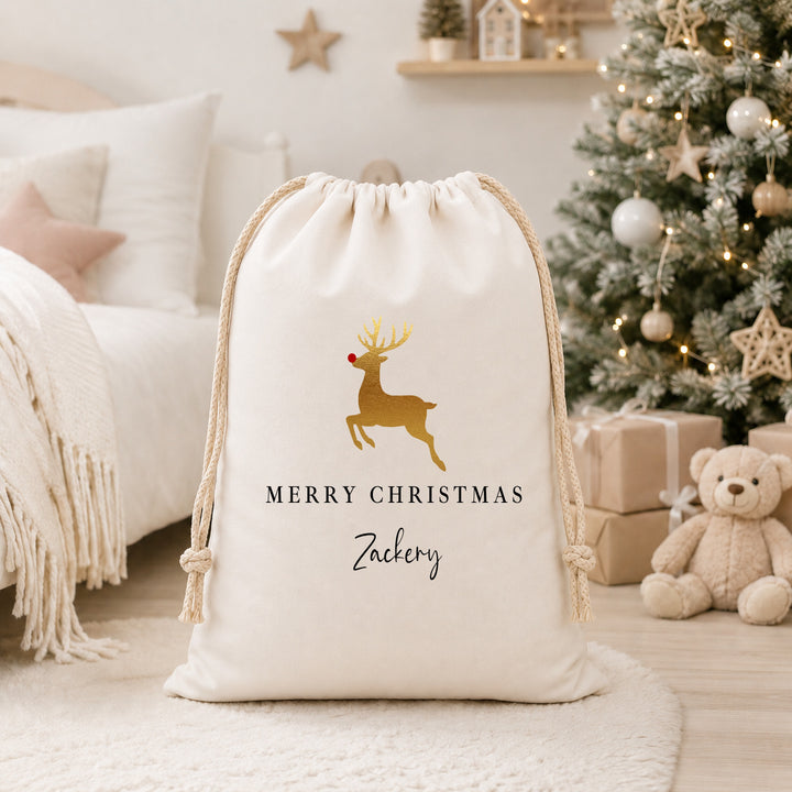 Personalised Merry Christmas Gold Reindeer Canvas Santa Sack