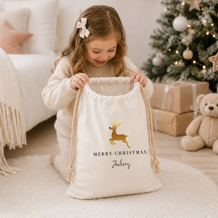 Personalised Merry Christmas Gold Reindeer Canvas Santa Sack